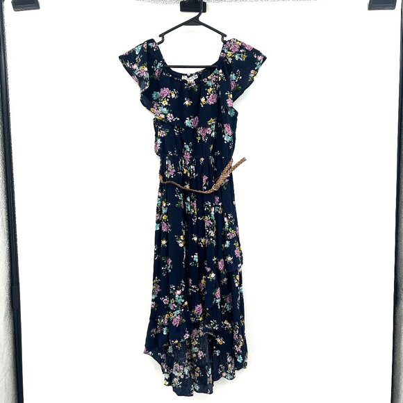 NWT Knitworks Navy Blue Floral Belted Midi Dress Girls 10 - Picture 1 of 8